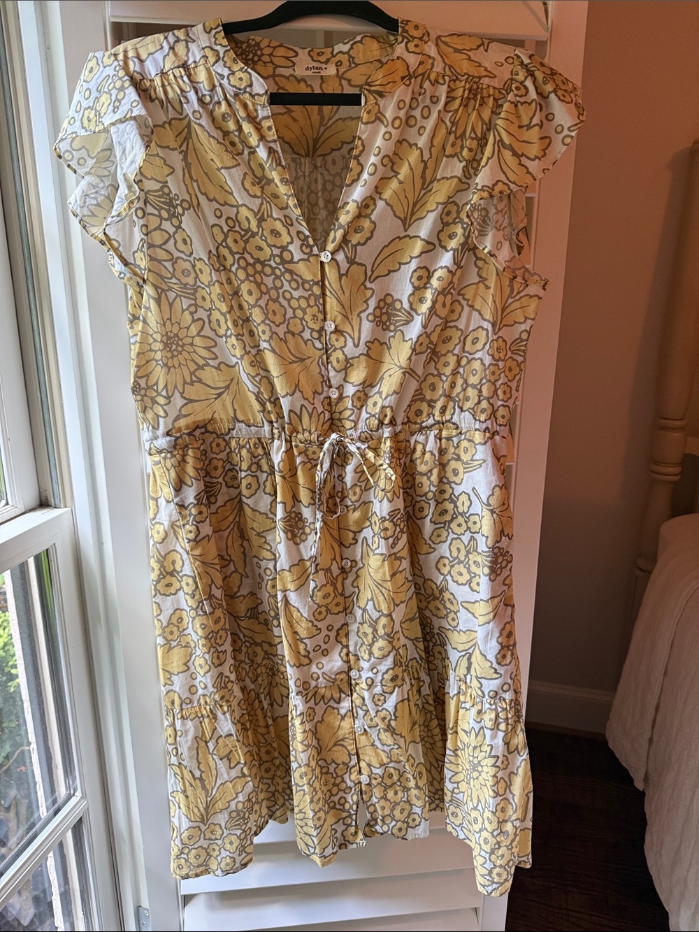 Yellow Floral Button-Front Mini Dress with Drawstring Waist